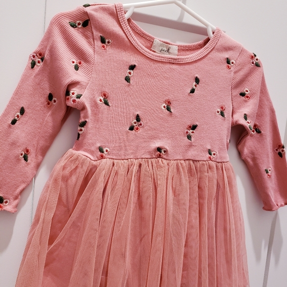 0 PEEK ESSENTIALS Floral Long Sleeve Tulle Dress, Peach, Baby Girls 6-12 months - Picture 2 of 4